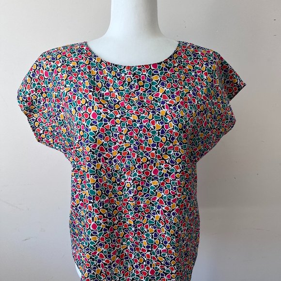 FUN Multi Colour Lauren Lee Vintage Short Sleeve Top Blouse Size Medium - Picture 1 of 2